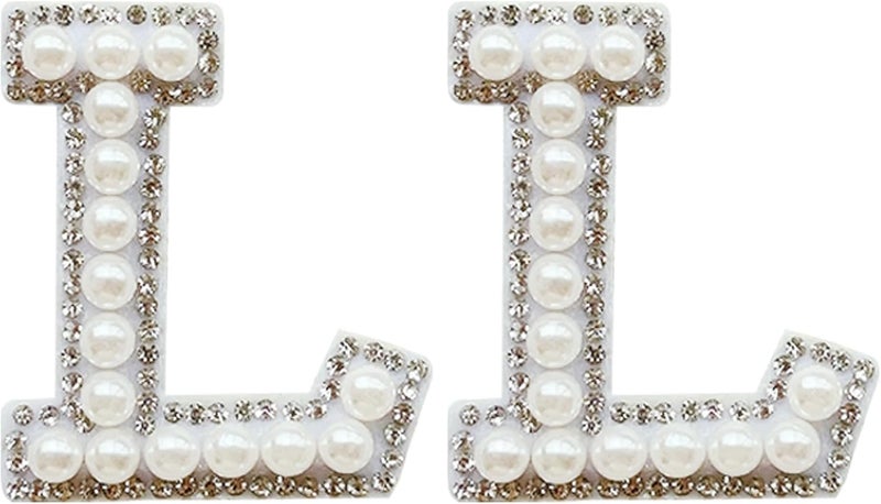 SOYCEV 2PCS White Pearl Iron on Letter Patches Rhinestone Letter Patches Sequin Letter Patches Sparkly Letter Patches for Backpacks Clothing (L) - Image 1